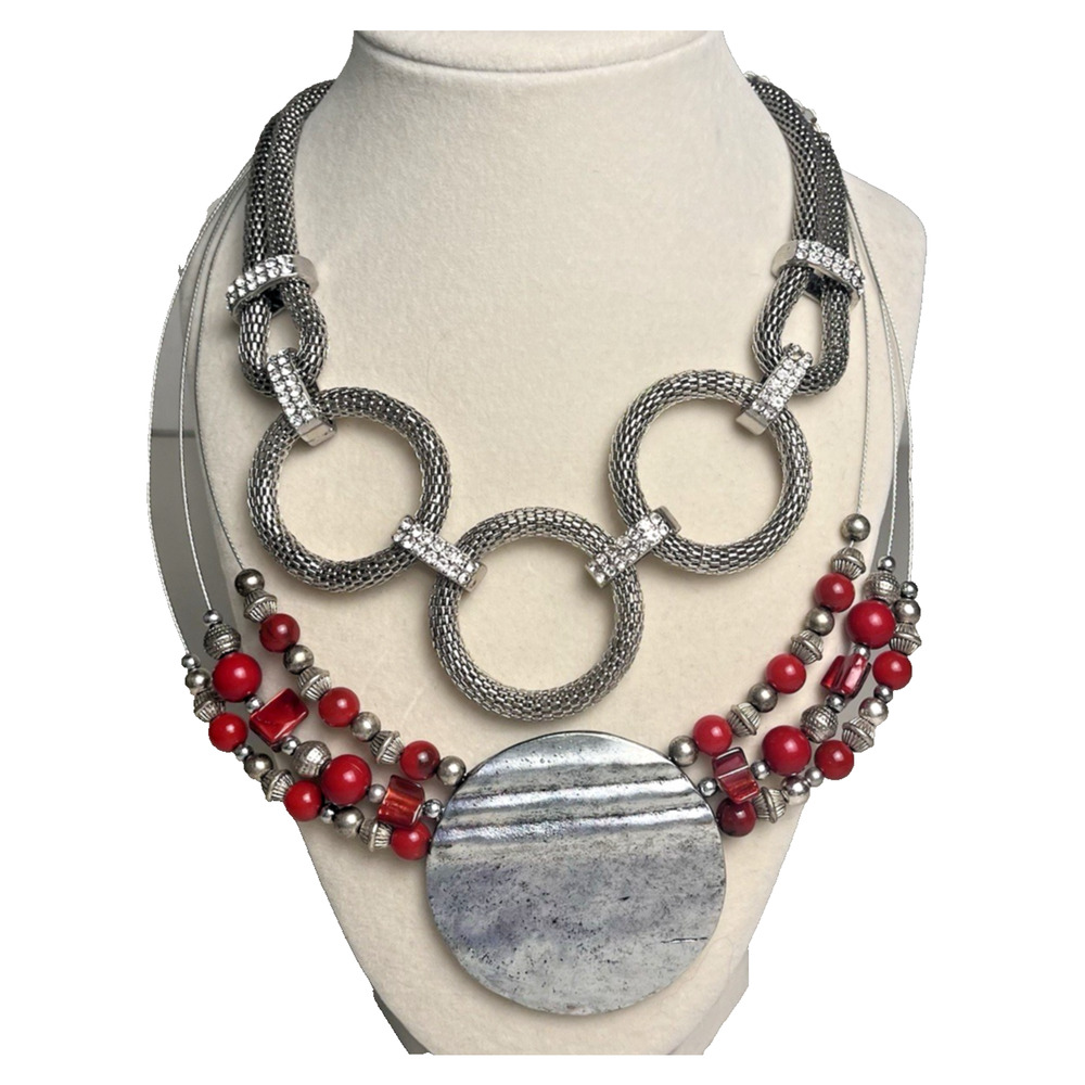 Vintage Silver Tone Necklace Lot Chunky Circle Chain & Shell Disco Pendant